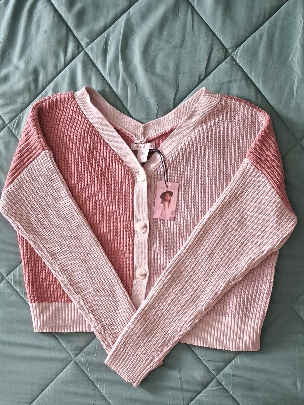 NWT Sincerely Jules Color Block Cropped Pink & Cream Button Cardigan Size L